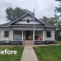Before: craftsman-style house with a covered front porch, before repainting